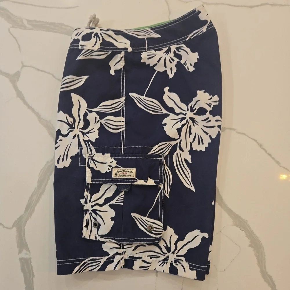 J. Crew Hawaiian Floral Board Shorts Navy White 9